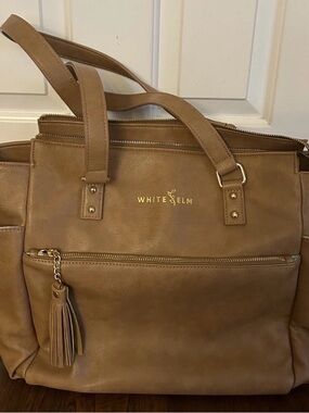 White Elm Tan Baby Bag Tote with Tassel Pocket teal lining